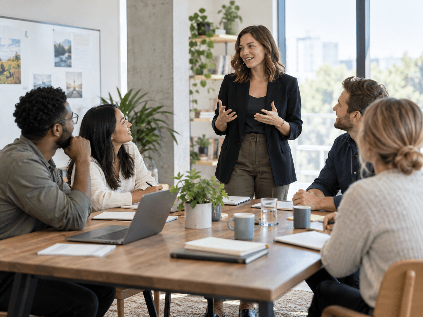A workplace learning facilitator speaking with a small team around a table